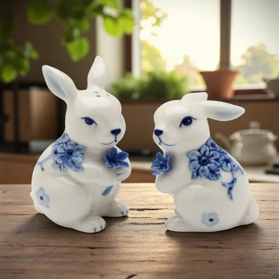 Ceramic Easter Bunny Rabbits with Blue Flowers Salt and Pepper Shakers, Gift for Her or Mom, Kitchen D&eacute;cor, Spring or Easter D&eacute;cor {2}