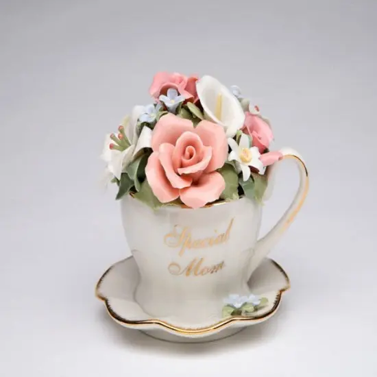 Handcrafted Ceramic Flower Bouquet in Cup Music Box, Home D&eacute;cor, Gift for Her, Gift for Mom, Mother's Day Gift {3}