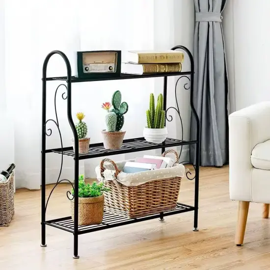 Black Metal 3-Tier Bookcase Plant Stand Indoor Outdoor Storage Rack {2}