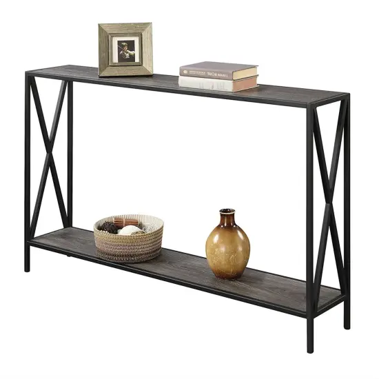 47" Grey Wood Entryway Consol Table with Black Metal X-Frame and Bottom Shelf for Living Room {1}