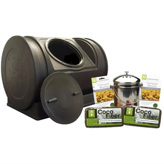 Grey 52 Gallon Compost Bin Starter Kit with Wheeled Tumbler, Lid and Accessories {1}