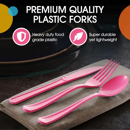 Exquisite Polished Plastic Silverware &ndash; 150 Pcs Heavy Duty Cutlery Set &ndash; 50 Each of Forks, Knives & Spoons &ndash; Disposable Utensil Set for Parties, Events & Catering &ndash; Flatware Set by Party Solids Hot Pink {4}