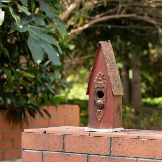 Rustic Brown Solid Wood and Iron Birdhouse with Metal Roof Hanging Ring {4}