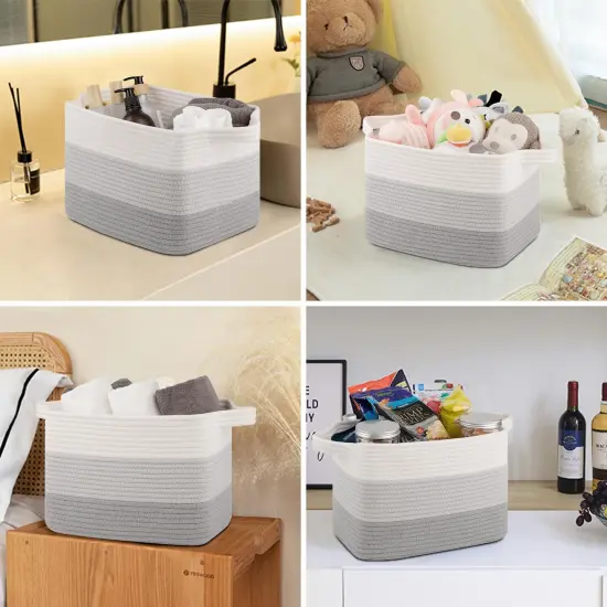 Storage Baskets for Organizing, Woven Baskets for Shelves, Rectangle Decorative Organizer for Storage Clothes, Toy, Books, Towels Nursery Bins 3 Pack (Gradient Grey) {5}