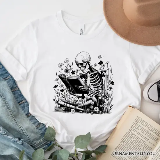 Gothic Reading Skeleton T-Shirt, Floral Halloween Tee for Spooky Bookworms {6}