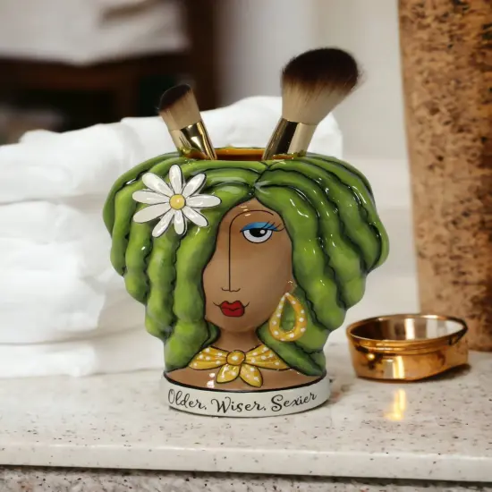 Ceramic African American Lady with Green Hair Makeup Brush or Pen Holder, Home D&eacute;cor, Gift for Her, Mom, Friend, or Coworker, Vanity D&eacute;cor {1}