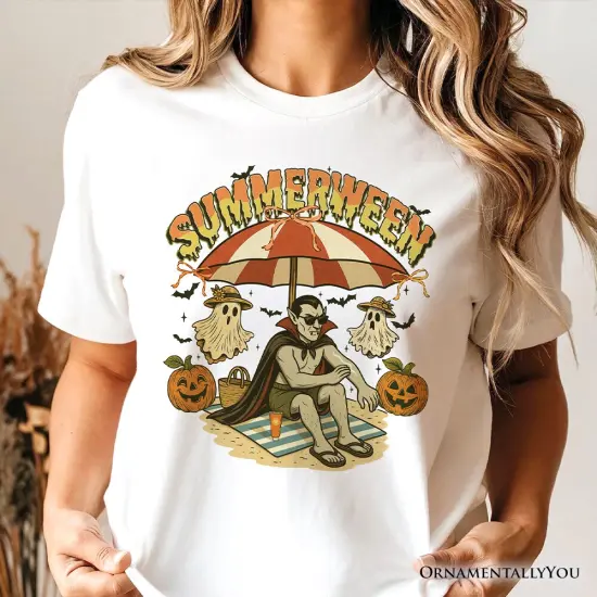 Summerween Vampire Dracula T-Shirt, Retro Halloween Beach Tee for Horror Spooky Summer Season {2}