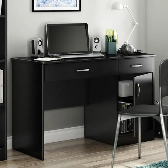 Black Laminate Home Office Desk with 2 Drawers, 1 Cupboard and Wire Management {2}