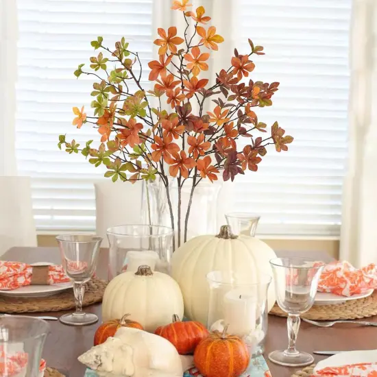 3 Pcs Fall Autumn Leaves with Stems - Orange {5}