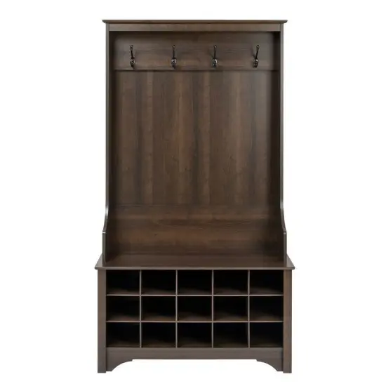 15 Cubbies Wooden Hall Tree with Shoe Storage Bench and Coat Hooks for Entryway Organization Dark Brown {1}