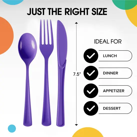 Exquisite Polished Plastic Silverware &ndash; 150 Pcs Heavy Duty Cutlery Set &ndash; 50 Each of Forks, Knives & Spoons &ndash; Disposable Utensil Set for Parties, Events & Catering &ndash; Flatware Set by Party Solids Purple {3}
