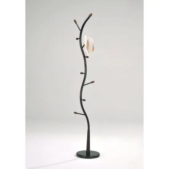 Black Metal Hall Tree Coat Rack with Walnut Frame Accent and Space-Saving Design {1}