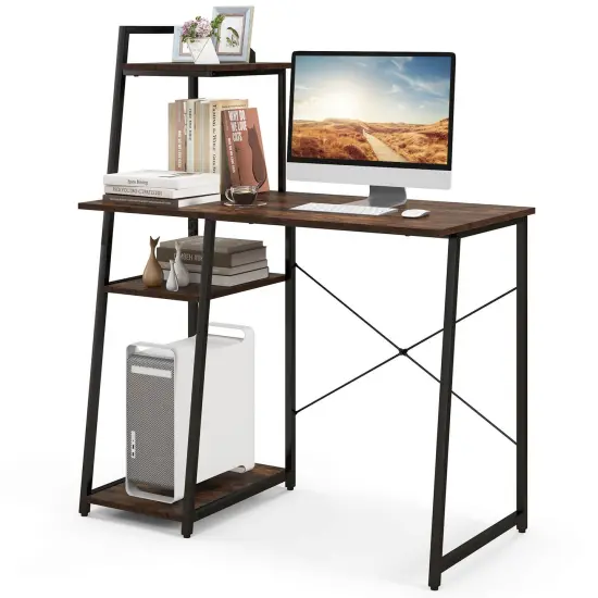 Costway Computer Desk with Shelves Study Writing Desk Workstation with Bookshelf Natural\Brown {1}