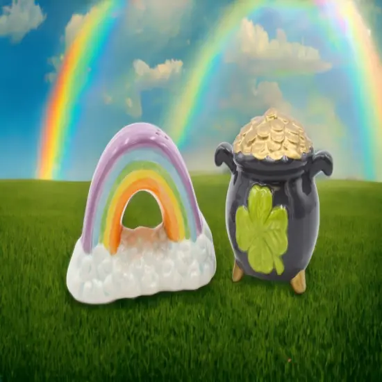 Ceramic Pot of Gold and Rainbow Salt and Pepper Shakers, Home Décor, Gift for Her or Mom, Kitchen Décor, Irish Saint Patrick’s Day Décor {1}