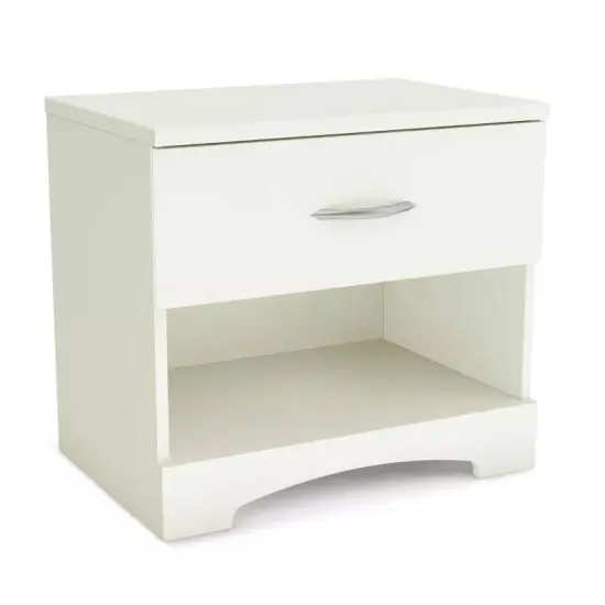 Modern Bedroom MDF Laminate Nightstand with Drawer and Open Storage Metal Handle White {1}