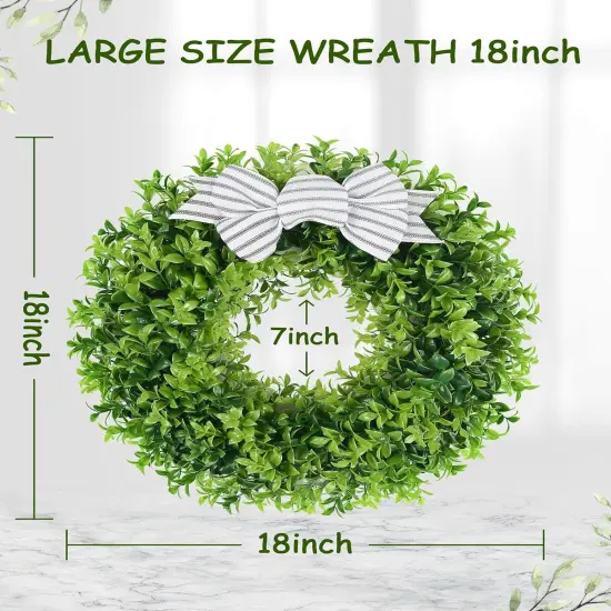 18" Faux Round Boxwood Wreath, Artificial Boxwood Wreath Front Door Wreaths Artificial Spring Summer Greenery Hanging with A Plaid Bow and sash for Front Door Wall Hanging Window Wedding Decor {3}