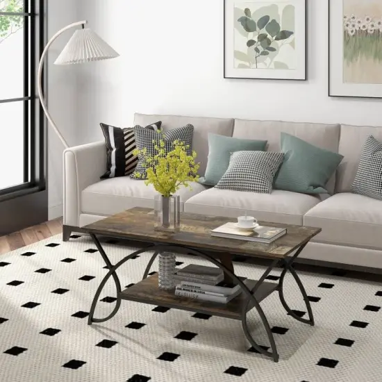 Rustic Brown Wooden 2-Tier Coffee Table with Storage Shelf and Steel Frame for Living Room {4}