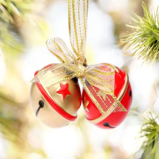 Ceramic Red and Gold Christmas Tree Ornament Bells with Gold Ribbon, Christmas Decor {1}