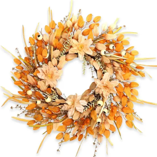 24 Inch Artificial Fall Autumn Wreath with Lotus Flowers {1}