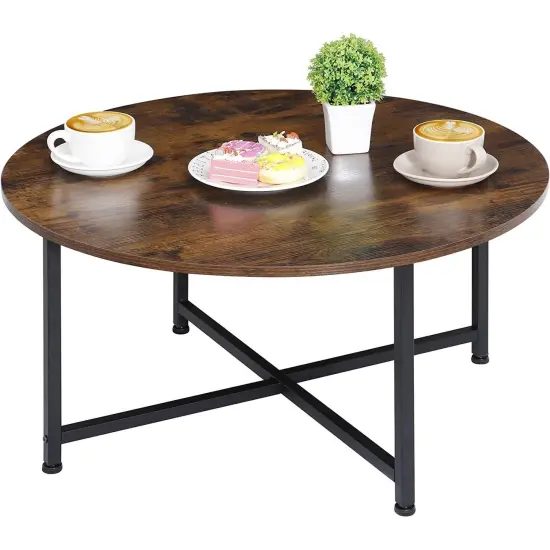 Modern 31.5" Round MDF Wood Coffee Table with Adjustable Feet and Metal Frame for Living Room {1}