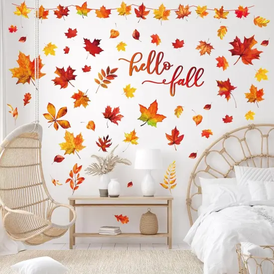 9 Sheets- Fall Wall Decor Stickers Hello Fall Maple Leaves,8.3 x 10.6 Inch {4}