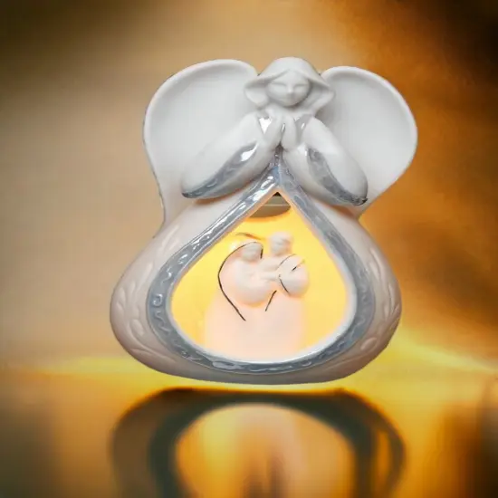 Ceramic Praying Angel Plug-In Night Light With Holy Family, Home D&eacute;cor, Religious D&eacute;cor, Religious Gift, Church D&eacute;cor, Baptism Gift {1}