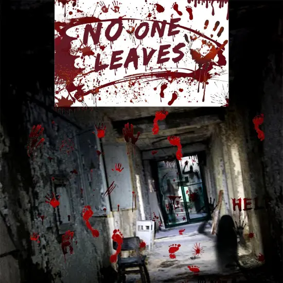 Halloween Decorations Set - Bloody Backdrop Banner and Footprint (No One Leaves Set) {1}