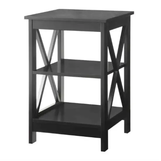 Black Wood X Design End Table with 3 Tier Open Shelves for Living Room or Bedroom {1}