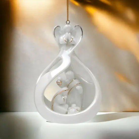 Ceramic Angel Watching Over Holy Family Nativity Ornament, Home D&eacute;cor, Religious D&eacute;cor, Religious Gift, Church D&eacute;cor, Baptism Gift {1}