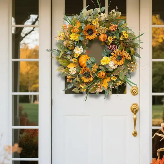 24 Inch Fall Wreaths with Sunflowers, Pumpkins, and Leaves {4}
