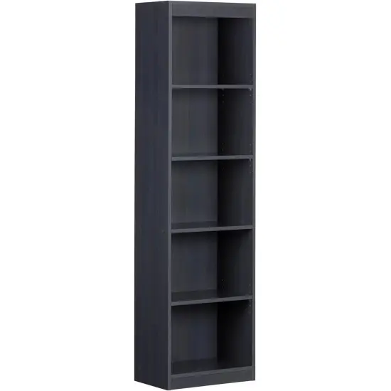 Narrow 5 Shelf Bookcase for Living Room in Dark Blue Black Finish Adjustable Freestanding Slim Storage Unit {1}
