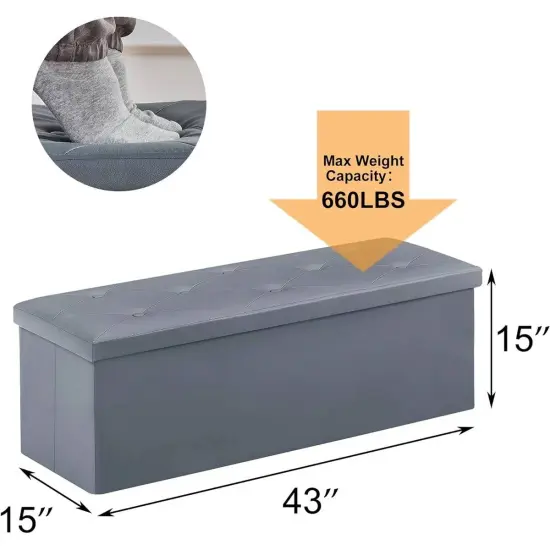 Light Grey Faux Leather Storage Ottoman Bench for Bedroom or Entry {5}