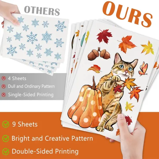 59PCS Fall Window Clings 9 Sheets, Autumn Dogs Cats Maple Leaves {3}