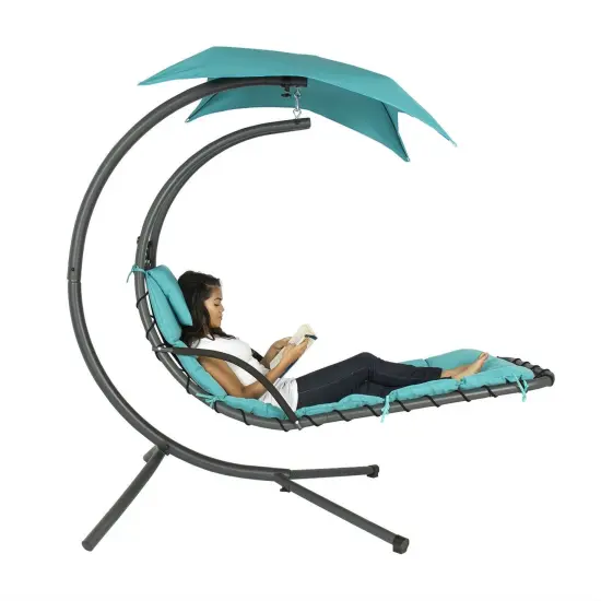 Teal Chaise Lounger Hammock Chair with Canopy & Cushion for Outdoor {3}