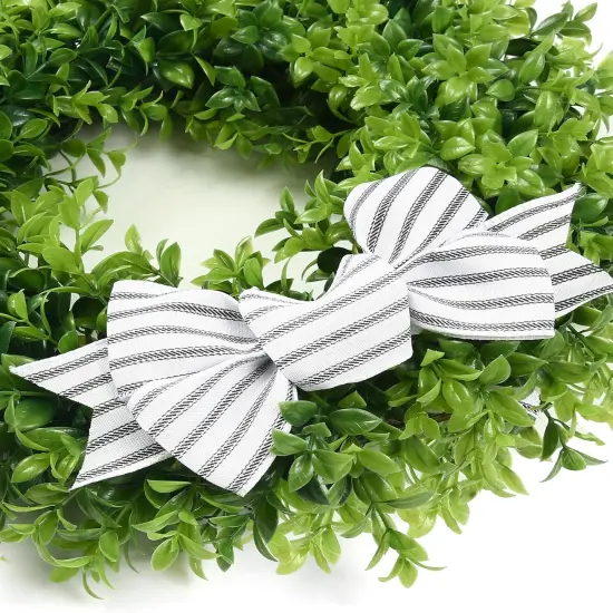 18" Faux Round Boxwood Wreath, Artificial Boxwood Wreath Front Door Wreaths Artificial Spring Summer Greenery Hanging with A Plaid Bow and sash for Front Door Wall Hanging Window Wedding Decor {2}