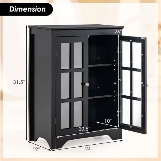 Black Bathroom Linen Cabinet with Glass Doors Adjustable Shelves Freestanding MDF Storage Organizer {2}