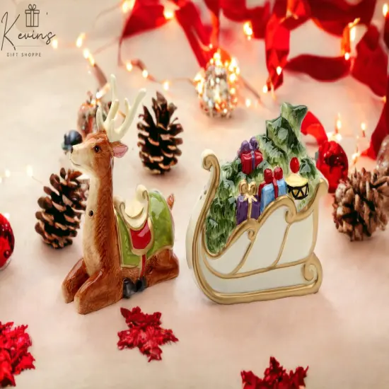 Ceramic Christmas Sleigh With Deer Salt & Pepper Shakers, Home D&eacute;cor, Gift for Her, Gift for Mom, Kitchen D&eacute;cor, Christmas D&eacute;cor {1}