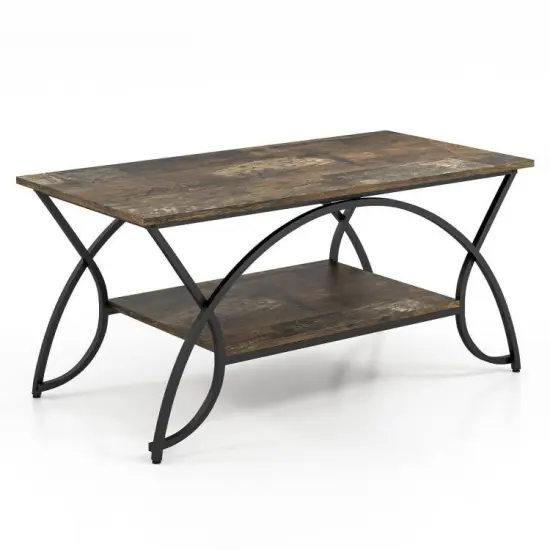 Rustic Brown Wooden 2-Tier Coffee Table with Storage Shelf and Steel Frame for Living Room {5}