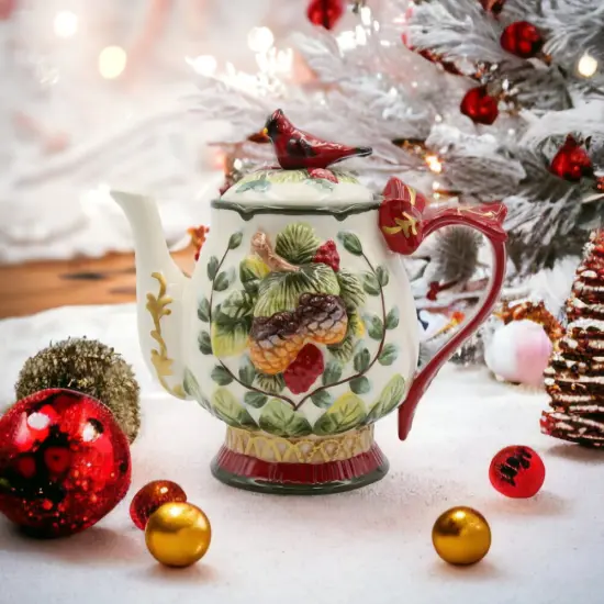 Ceramic Christmas Cardinal Bird Teapot, Gift for Her, Gift for Mom, Birdwatcher, Tea Party Décor, Café Décor, Christmas Décor {1}
