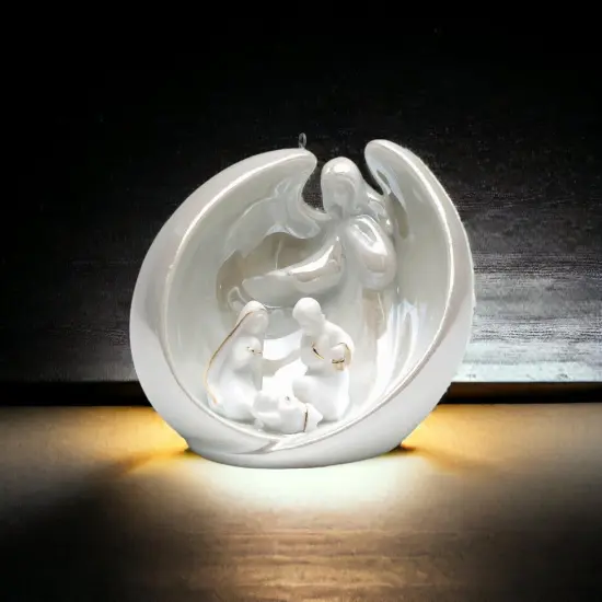 Ceramic Christmas Decor Guardian Angel With Holy Family Ornament, Home Décor, Religious Décor, Religious Gift, Church Décor, Baptism Gift {1}