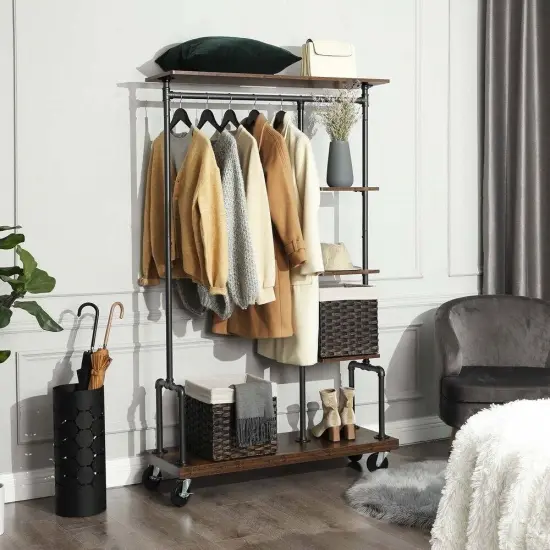 Rustic Brown Industrial Metal Pipe Clothes Rack with Wood Shelves and Locking Wheels {5}
