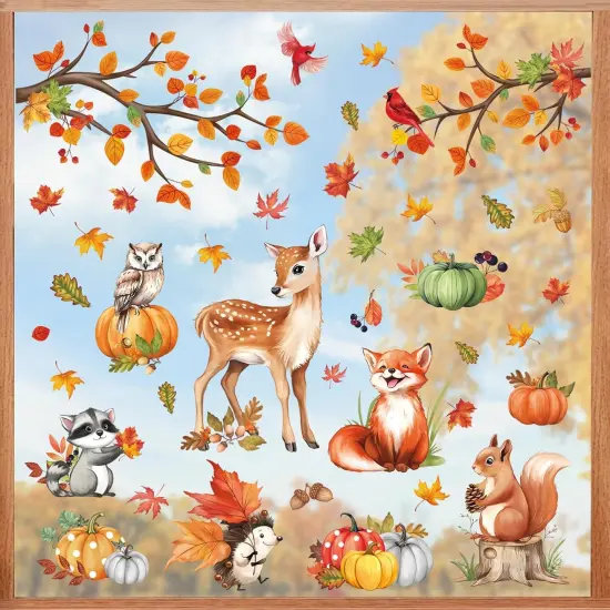 Woodland Animals Fall Pumpkin Window Clings Deer Fox Racoon {2}