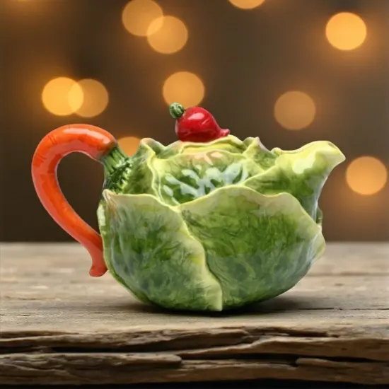Ceramic Cabbage Teapot with Carrot Stick Lid, Gift for Her, Gift for Mom, Tea Party D&eacute;cor, Caf&eacute; D&eacute;cor, Farmhouse D&eacute;cor, Kitchen Decor {2}