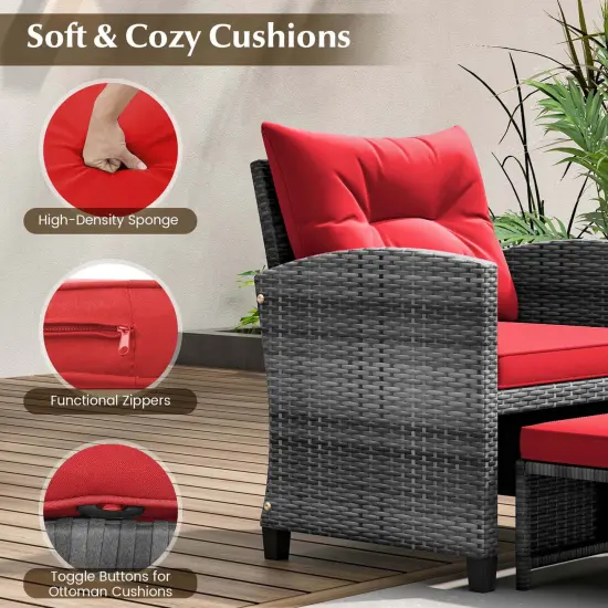 Costway 5 Piece Patio Rattan Furniture with 2 Ottomans & Tempered Glass Coffee Table Black/Grey/Navy/Beige/Red {5}