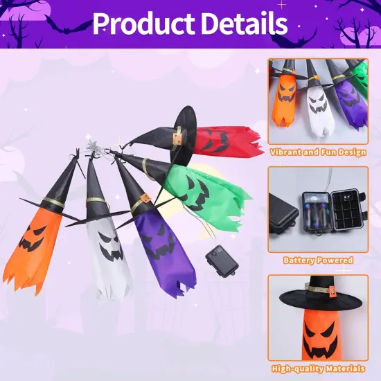 10ft String of 5 Lighted Hanging Ghost with Witch Hats {3}