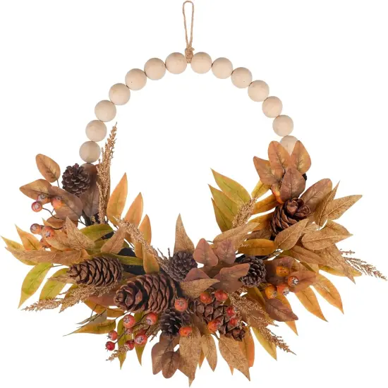 24" Beaded Fall Wreath for Front Door with Wooden Beads {1}