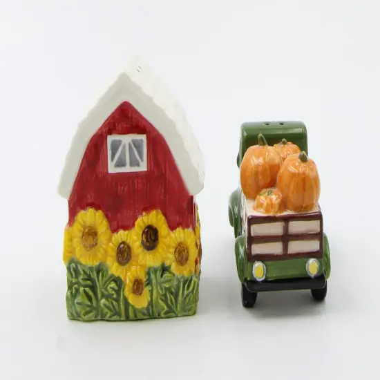 Ceramic Sunflower Barn and Red Pickup Truck With Pumpkins Salt and Pepper Shakers, Gift for Her or Mom, Fall Décor, Farmhouse Decor {6}