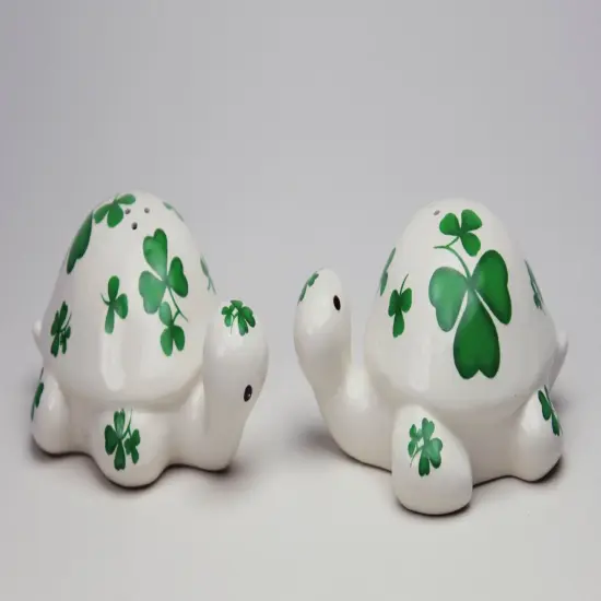 Ceramic Turtles with Shamrock Design Salt and Pepper Shakers, Home Décor, Gift for Her, Mom, Kitchen Décor, Irish Saint Patrick’s Day Décor {4}