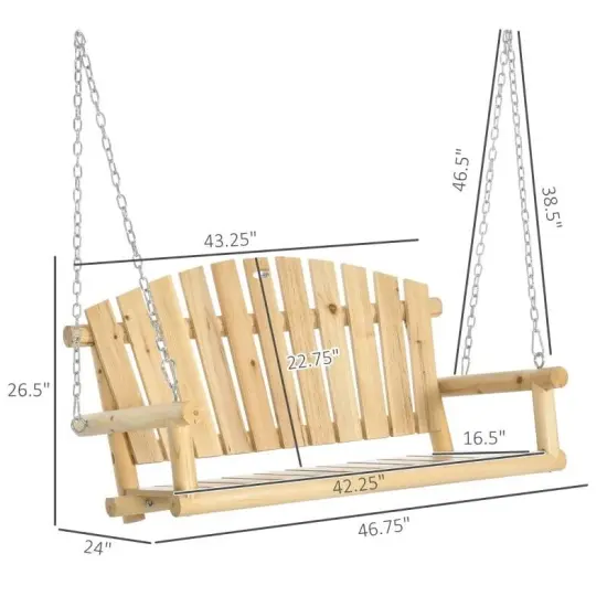 2-Seater Natural Wooden Porch Swing for Patio and Garden Seating {4}