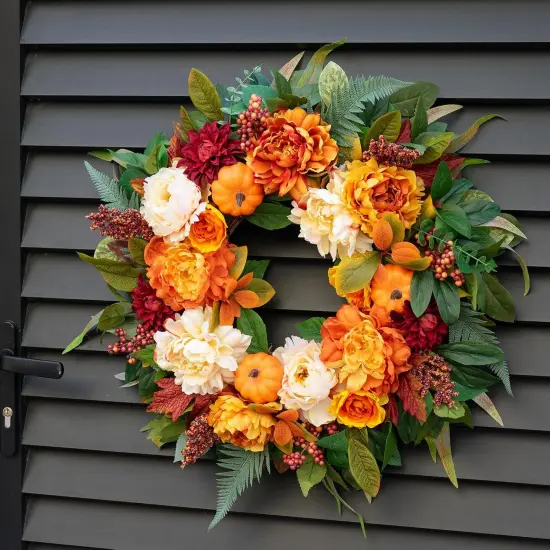 24 Inch Fall Wreaths with Pumpkins, Maple Leaves & Peonies {2}